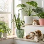 Bright, sunlit indoor scene featuring a variety of pet friendly house plants, including a snake plant, parlor palm, and monstera, with a relaxed orange and white cat resting near a pink pot and a brown and white dog lounging on light wooden steps.