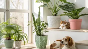 Bright, sunlit indoor scene featuring a variety of pet friendly house plants, including a snake plant, parlor palm, and monstera, with a relaxed orange and white cat resting near a pink pot and a brown and white dog lounging on light wooden steps.