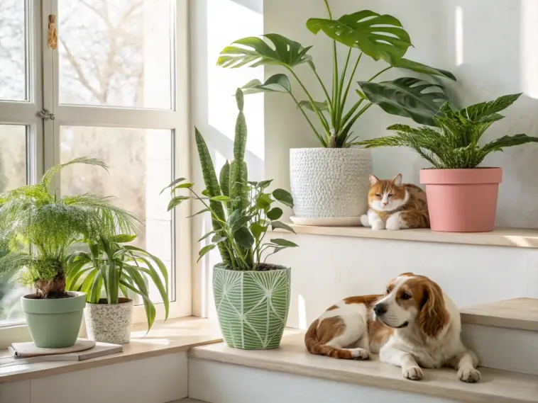 Bright, sunlit indoor scene featuring a variety of pet friendly house plants, including a snake plant, parlor palm, and monstera, with a relaxed orange and white cat resting near a pink pot and a brown and white dog lounging on light wooden steps.