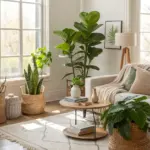 Bright and airy living room showcasing stylish House Plants Decor, featuring a fiddle-leaf fig, snake plant, and other potted greenery in woven baskets, complementing a modern sofa and wooden coffee table by a large window.