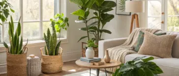 Bright and airy living room showcasing stylish House Plants Decor, featuring a fiddle-leaf fig, snake plant, and other potted greenery in woven baskets, complementing a modern sofa and wooden coffee table by a large window.
