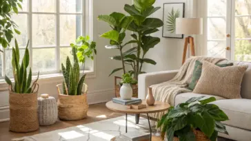 Bright and airy living room showcasing stylish House Plants Decor, featuring a fiddle-leaf fig, snake plant, and other potted greenery in woven baskets, complementing a modern sofa and wooden coffee table by a large window.