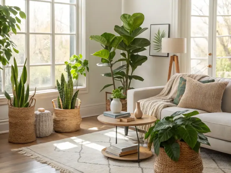 Bright and airy living room showcasing stylish House Plants Decor, featuring a fiddle-leaf fig, snake plant, and other potted greenery in woven baskets, complementing a modern sofa and wooden coffee table by a large window.