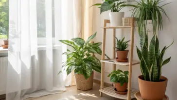 Sun-drenched interior scene showcasing a collection of popular air purifying house plants arranged to enhance a bright, serene room. Featured plants include a large Chinese Evergreen (Aglaonema) or Dieffenbachia in a woven floor basket, a three-tiered wooden shelf displaying a Monstera-like plant in a white pot, a Dracaena variety, and another small leafy green in terracotta pots, plus a tall Snake Plant (Sansevieria) in a terracotta pot on a wooden stool. Natural light streams through sheer window curtains, illuminating the vibrant green foliage and promoting a healthy, fresh atmosphere.