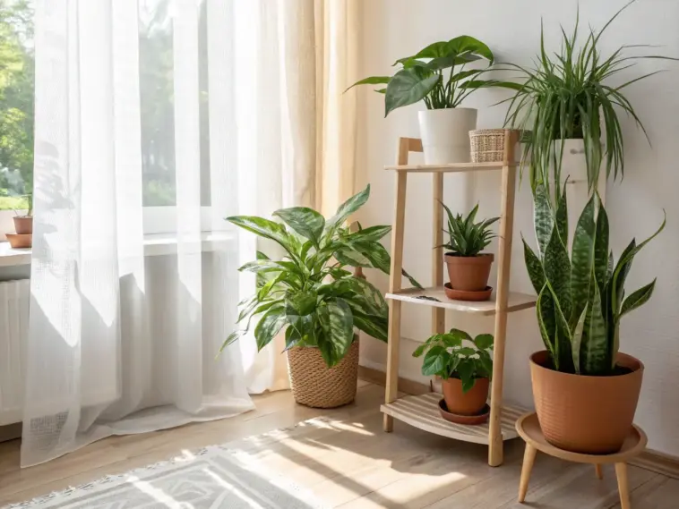 Sun-drenched interior scene showcasing a collection of popular air purifying house plants arranged to enhance a bright, serene room. Featured plants include a large Chinese Evergreen (Aglaonema) or Dieffenbachia in a woven floor basket, a three-tiered wooden shelf displaying a Monstera-like plant in a white pot, a Dracaena variety, and another small leafy green in terracotta pots, plus a tall Snake Plant (Sansevieria) in a terracotta pot on a wooden stool. Natural light streams through sheer window curtains, illuminating the vibrant green foliage and promoting a healthy, fresh atmosphere.