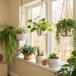 Bright window ledge displaying various potted plants and three stylish hanging plants indoor, including a lush fern and trailing varieties, creating a vibrant, green home decor accent.