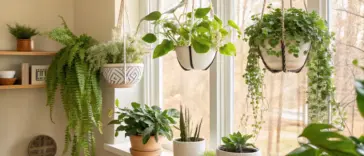 Bright window ledge displaying various potted plants and three stylish hanging plants indoor, including a lush fern and trailing varieties, creating a vibrant, green home decor accent.