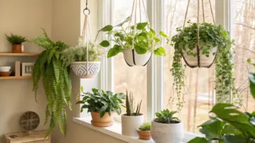 Bright window ledge displaying various potted plants and three stylish hanging plants indoor, including a lush fern and trailing varieties, creating a vibrant, green home decor accent.