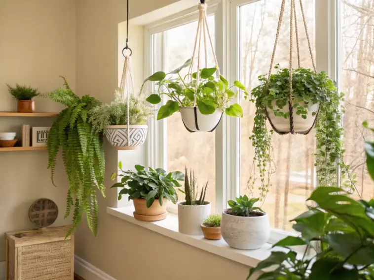 Bright window ledge displaying various potted plants and three stylish hanging plants indoor, including a lush fern and trailing varieties, creating a vibrant, green home decor accent.