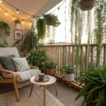 Cozy, sunlit balcony featuring a comfortable chair, string lights, and numerous "balcony hanging plants," including trailing greenery and ferns, creating a lush urban oasis with a wooden railing and city views.