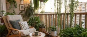 Cozy, sunlit balcony featuring a comfortable chair, string lights, and numerous "balcony hanging plants," including trailing greenery and ferns, creating a lush urban oasis with a wooden railing and city views.