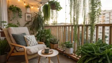 Cozy, sunlit balcony featuring a comfortable chair, string lights, and numerous "balcony hanging plants," including trailing greenery and ferns, creating a lush urban oasis with a wooden railing and city views.