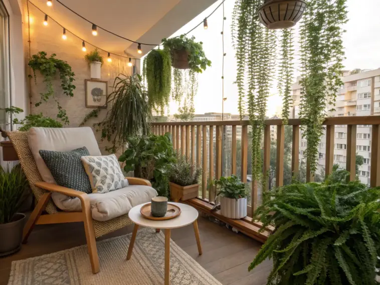 Cozy, sunlit balcony featuring a comfortable chair, string lights, and numerous "balcony hanging plants," including trailing greenery and ferns, creating a lush urban oasis with a wooden railing and city views.