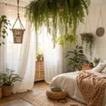 Bohemian-style bedroom featuring numerous hanging plants indoor bedroom, with soft, natural light filtering through sheer curtains, a cozy bed with neutral linens, and woven decor elements.