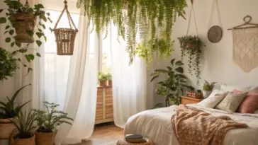 Bohemian-style bedroom featuring numerous hanging plants indoor bedroom, with soft, natural light filtering through sheer curtains, a cozy bed with neutral linens, and woven decor elements.