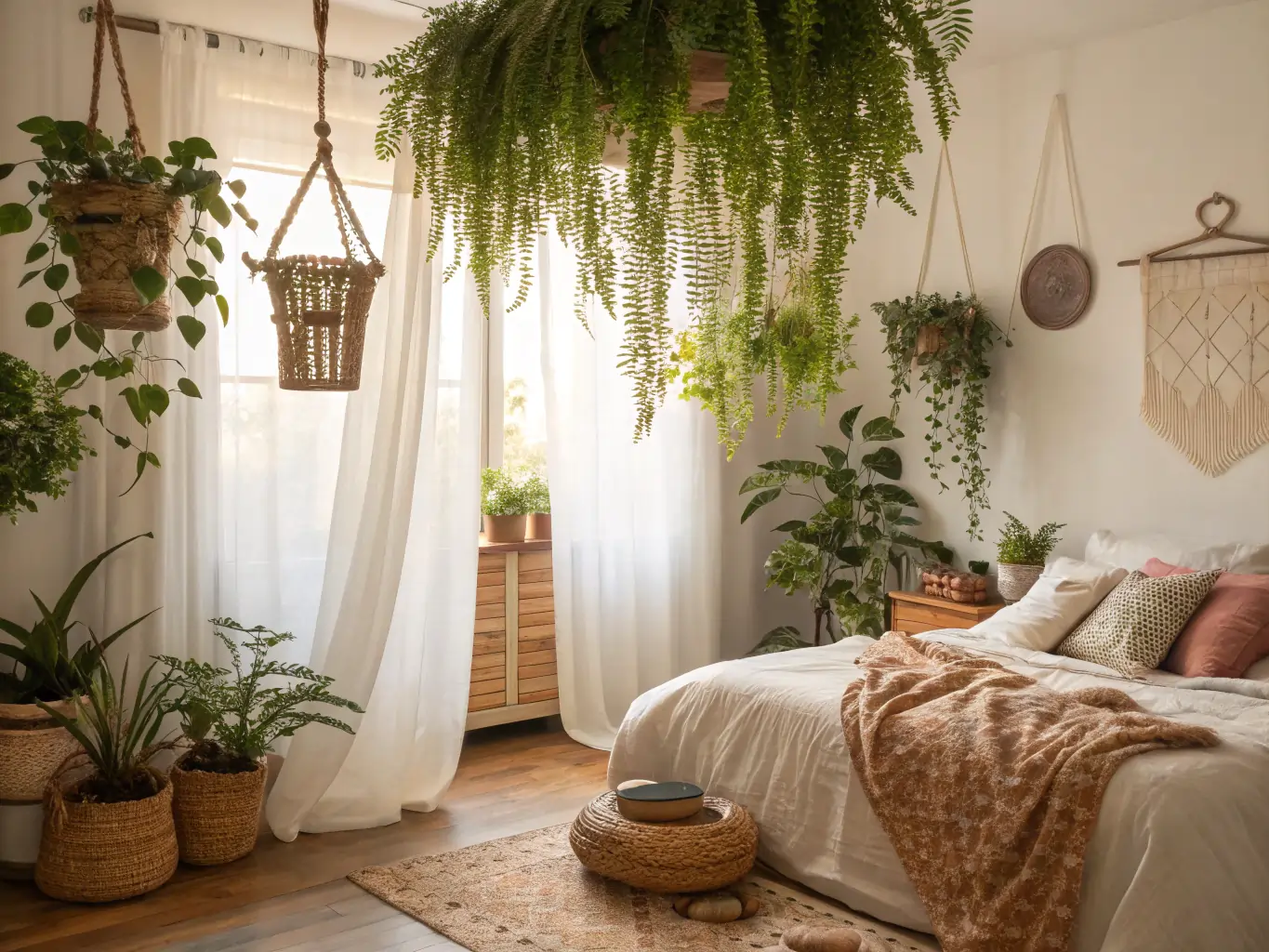 Bohemian-style bedroom featuring numerous hanging plants indoor bedroom, with soft, natural light filtering through sheer curtains, a cozy bed with neutral linens, and woven decor elements.