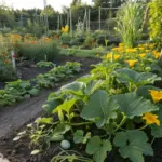 A flourishing ground-level vegetable garden featuring large squash plants with yellow blooms and developing fruit, alongside rows of other greens and colorful flowers, inspiring ideas for ambitious balcony plants summer vegetable gardening.