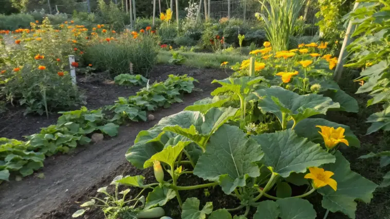 A flourishing ground-level vegetable garden featuring large squash plants with yellow blooms and developing fruit, alongside rows of other greens and colorful flowers, inspiring ideas for ambitious balcony plants summer vegetable gardening.
