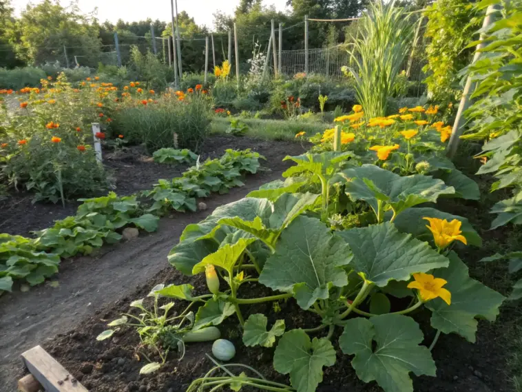 A flourishing ground-level vegetable garden featuring large squash plants with yellow blooms and developing fruit, alongside rows of other greens and colorful flowers, inspiring ideas for ambitious balcony plants summer vegetable gardening.
