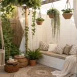 Cozy outdoor nook featuring a white wooden bench with patterned pillows, wicker tables, a macrame swing, and several beautiful hanging plants outdoor in woven baskets, creating a serene and dreamy atmosphere.