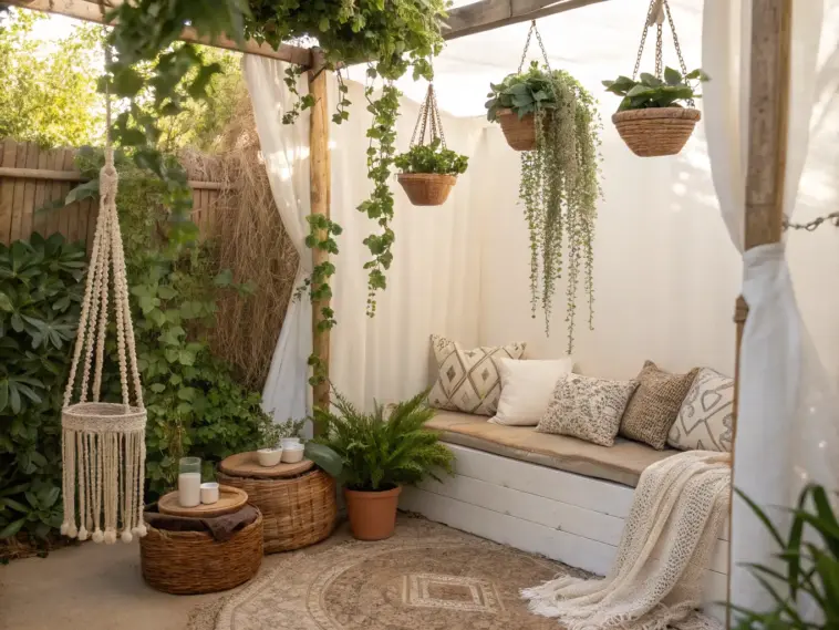 Cozy outdoor nook featuring a white wooden bench with patterned pillows, wicker tables, a macrame swing, and several beautiful hanging plants outdoor in woven baskets, creating a serene and dreamy atmosphere.