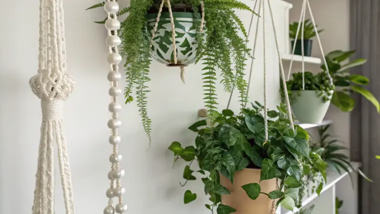 Bright indoor scene featuring a variety of lush wall hanging plants, including ferns and trailing greenery in decorative pots, suspended by macrame and beaded hangers against a white wall with shelving.