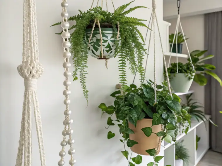 Bright indoor scene featuring a variety of lush wall hanging plants, including ferns and trailing greenery in decorative pots, suspended by macrame and beaded hangers against a white wall with shelving.