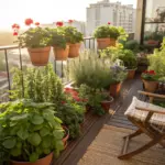 A vibrant collection of balcony plants summer display, featuring terracotta pots with blooming red geraniums, lush green herbs like rosemary and sage, and other colorful flowers basking in the warm sunlight on a city balcony with a wooden chair.