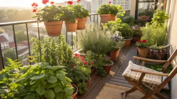 A vibrant collection of balcony plants summer display, featuring terracotta pots with blooming red geraniums, lush green herbs like rosemary and sage, and other colorful flowers basking in the warm sunlight on a city balcony with a wooden chair.