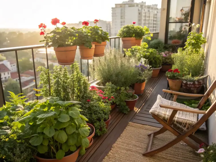 A vibrant collection of balcony plants summer display, featuring terracotta pots with blooming red geraniums, lush green herbs like rosemary and sage, and other colorful flowers basking in the warm sunlight on a city balcony with a wooden chair.