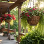 Vibrant, sunlit outdoor garden scene featuring a lush display of "outdoor hanging plants," including red and pink petunias and trailing green foliage in a large woven basket, suspended from a wooden pergola.