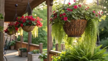 Vibrant, sunlit outdoor garden scene featuring a lush display of "outdoor hanging plants," including red and pink petunias and trailing green foliage in a large woven basket, suspended from a wooden pergola.