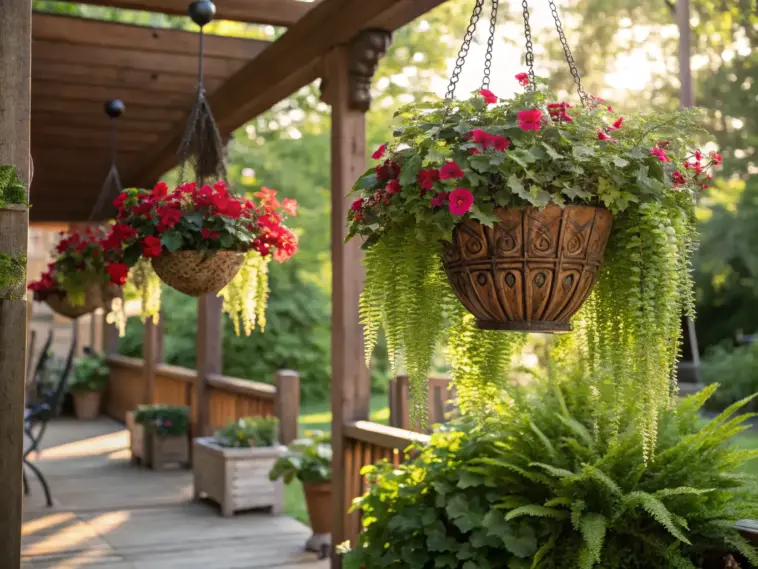 Vibrant, sunlit outdoor garden scene featuring a lush display of "outdoor hanging plants," including red and pink petunias and trailing green foliage in a large woven basket, suspended from a wooden pergola.