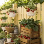 Aesthetic outdoor garden scene showcasing repurposed wooden crates as planters, including one filled with "hanging strawberry plants" bearing ripe red fruit and white flowers, creating a charming and productive display.