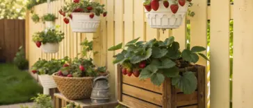 Aesthetic outdoor garden scene showcasing repurposed wooden crates as planters, including one filled with "hanging strawberry plants" bearing ripe red fruit and white flowers, creating a charming and productive display.