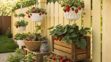 Aesthetic outdoor garden scene showcasing repurposed wooden crates as planters, including one filled with "hanging strawberry plants" bearing ripe red fruit and white flowers, creating a charming and productive display.