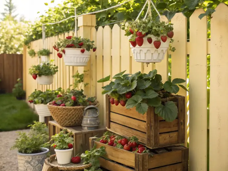 Aesthetic outdoor garden scene showcasing repurposed wooden crates as planters, including one filled with "hanging strawberry plants" bearing ripe red fruit and white flowers, creating a charming and productive display.