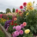A vibrant garden showcasing a variety of colorful blooms, including chrysanthemums and dahlias, thriving under a clear sky. This lush outdoor space highlights beautiful plants that flower all summer, surrounded by green grass and demonstrating the splendor of annual floristry.