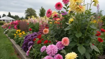 A vibrant garden showcasing a variety of colorful blooms, including chrysanthemums and dahlias, thriving under a clear sky. This lush outdoor space highlights beautiful plants that flower all summer, surrounded by green grass and demonstrating the splendor of annual floristry.
