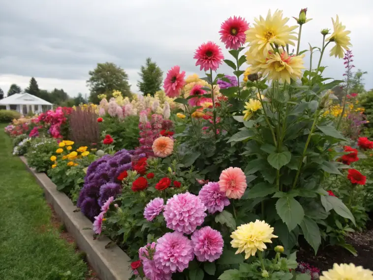 A vibrant garden showcasing a variety of colorful blooms, including chrysanthemums and dahlias, thriving under a clear sky. This lush outdoor space highlights beautiful plants that flower all summer, surrounded by green grass and demonstrating the splendor of annual floristry.