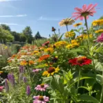 A vibrant garden bed bursting with colorful plants that flower all summer. This stunning display features coneflowers, zinnias, and other blooming beauties in shades of pink, red, orange, yellow, and purple. Set against lush green foliage and a clear blue sky, the flowers are in sharp focus with a soft, sunlit background creating a warm and lively atmosphere.