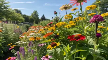 A vibrant garden bed bursting with colorful plants that flower all summer. This stunning display features coneflowers, zinnias, and other blooming beauties in shades of pink, red, orange, yellow, and purple. Set against lush green foliage and a clear blue sky, the flowers are in sharp focus with a soft, sunlit background creating a warm and lively atmosphere.