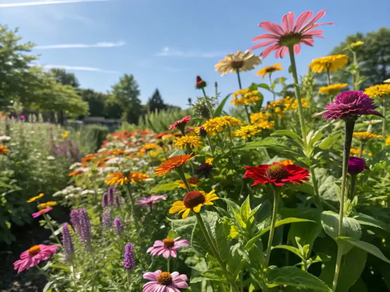 A vibrant garden bed bursting with colorful plants that flower all summer. This stunning display features coneflowers, zinnias, and other blooming beauties in shades of pink, red, orange, yellow, and purple. Set against lush green foliage and a clear blue sky, the flowers are in sharp focus with a soft, sunlit background creating a warm and lively atmosphere.