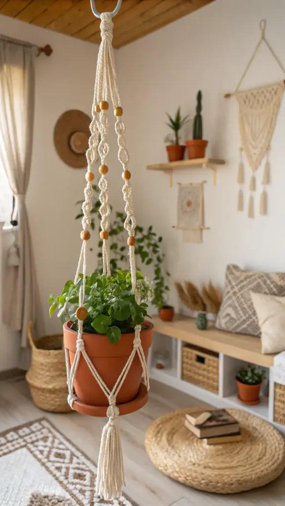 A cozy, sunlit bohemian living room showcasing a handmade macrame plant hanger with wooden beads, a perfect example of "hanging plants diy" decor, holding a lush green plant in a terracotta pot.
