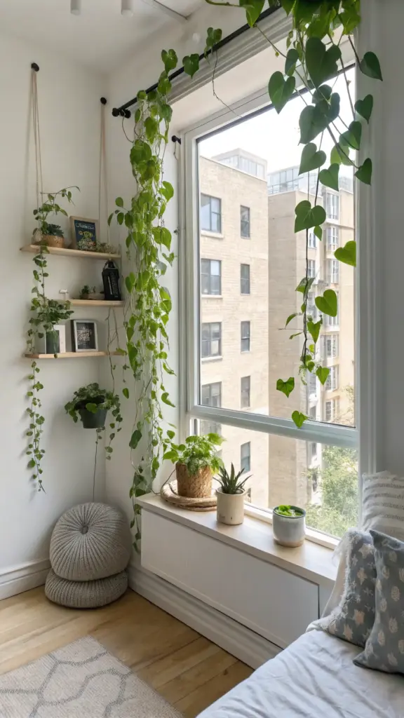 Cozy, sunlit urban apartment interior with lush, trailing "hanging plants in front of window" and on adjacent shelves, creating a vibrant green frame around the large window that looks out onto city buildings.