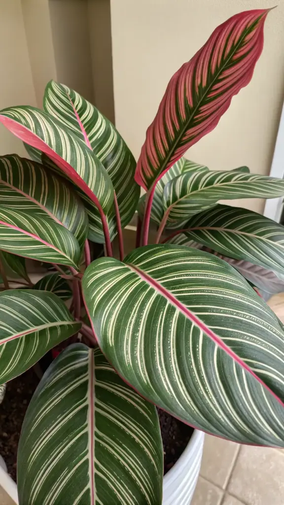 A stunning close-up shot highlighting the house plants aesthetic of a Calathea ornata, also known as the pinstripe plant. The image showcases the plant's large, glossy, dark green leaves, which are dramatically adorned with vibrant pink and white pinstripes. The undersides of some leaves and the stems also display a rich pink hue, adding to its visual appeal. The Calathea ornata is potted in a simple white container, and the background appears to be a light-colored wall and tiled floor, keeping the focus entirely on the intricate beauty of the plant and its contribution to a sophisticated house plants aesthetic.