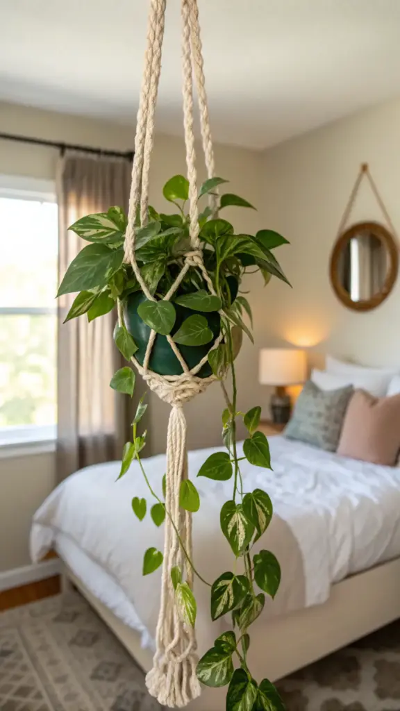Close-up of a lush pothos, one of many popular hanging plants indoor bedroom choices, in a macrame hanger, with a softly blurred background showing a bed and window.