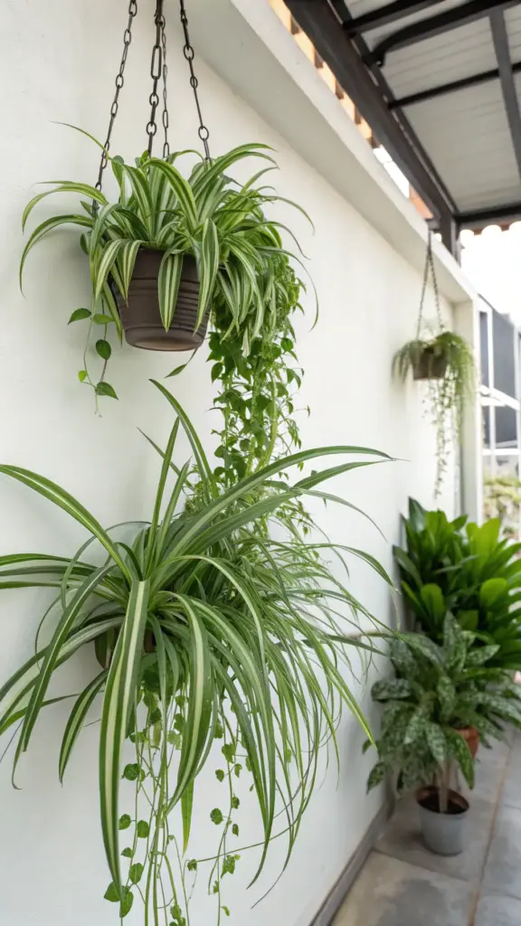 Lush green spider plants thriving as attractive wall hanging plants in dark pots, mounted on a white textured wall, adding a touch of nature to an outdoor covered walkway.