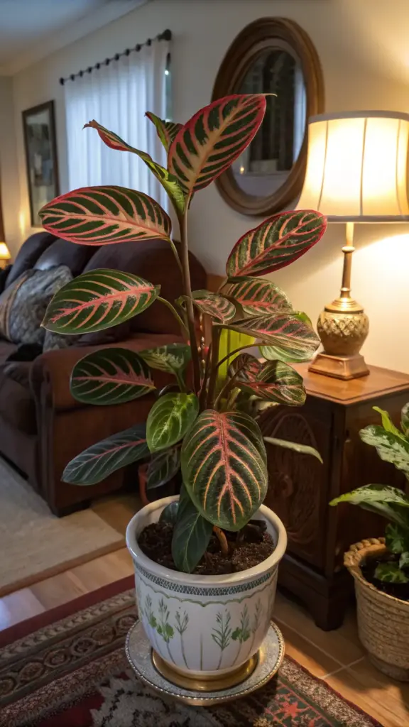 Close-up of a vibrant Maranta leuconeura, a stunning variety of House Plants Indoor, showcasing its intricately patterned leaves with dark green, light green, and striking red veins. The prayer plant is potted in a decorative ceramic container and placed on a patterned rug in a warmly lit living room setting, with a lamp and mirror visible in the cozy background.