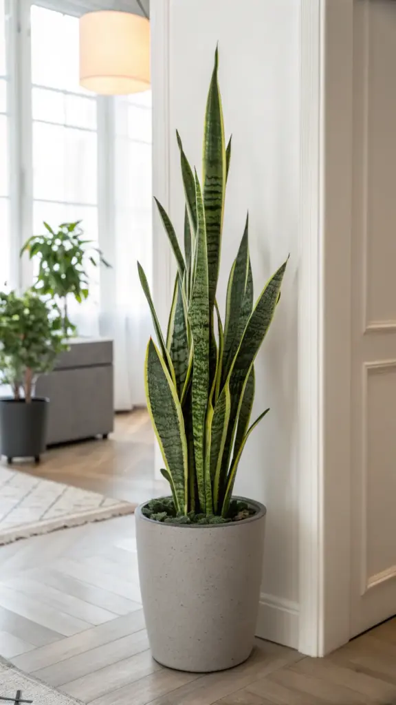 A tall snake plant (Sansevieria trifasciata) with striking yellow-edged leaves in a modern grey pot, an example of elegant House Plants Decor, placed in a bright room corner with light wooden floors.